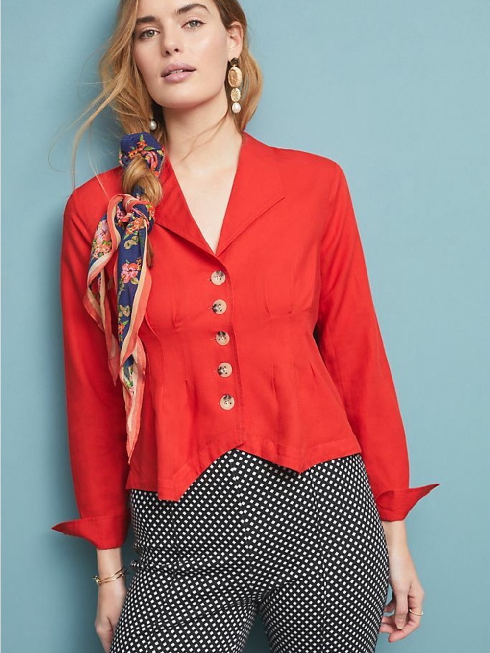 Anthropologie Maeve Red Blouse with Pink Trim